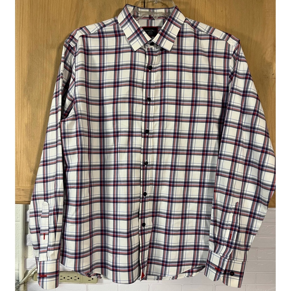 UNTUCKit Plaid Button Down Men's Large White Blue Red Wrinkle Free‎ Shirt